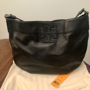 Tory Burch Black Leather “Stacked T” Hobo Bag